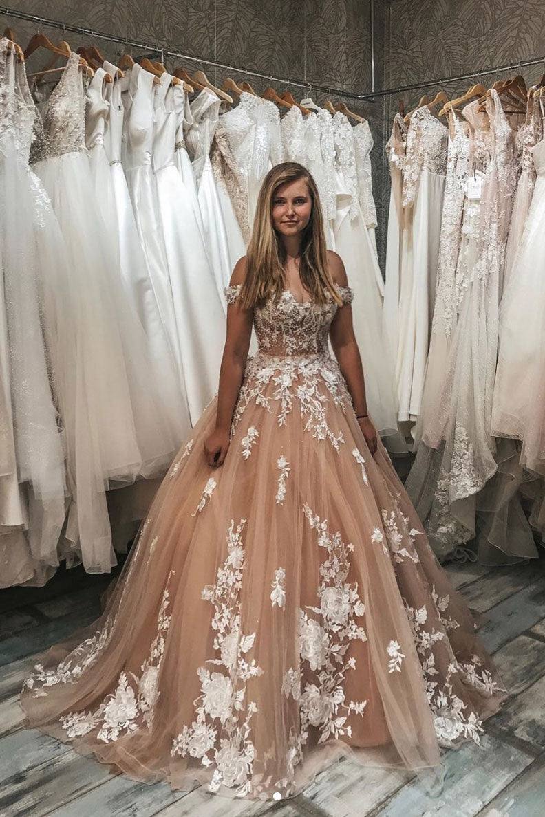 Champagne sweetheart tulle lace long prom dress champagne evening dress - RongMoon