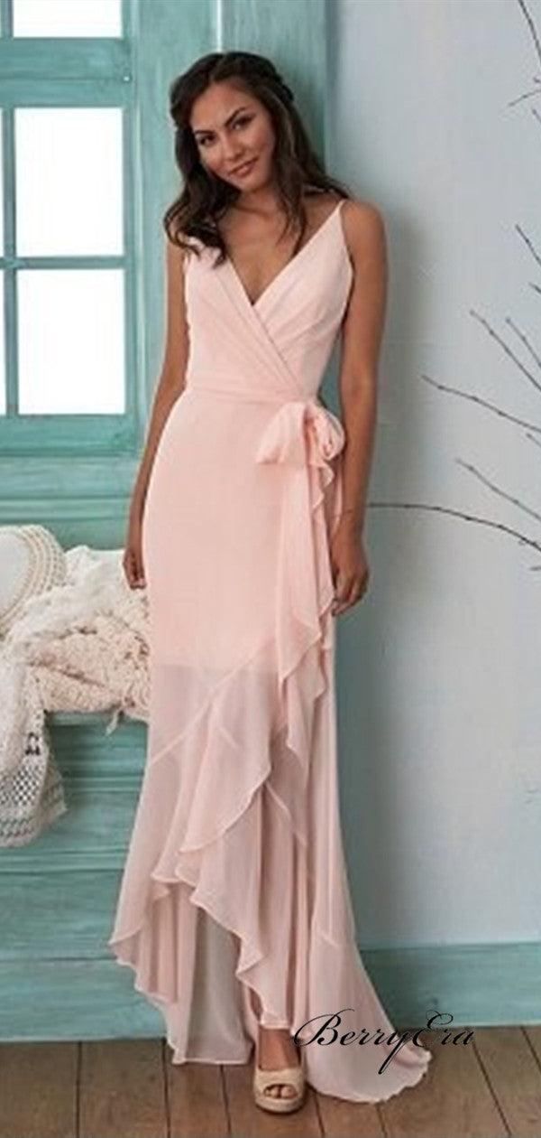 Spaghetti Straps Unique Bridesmaid Dresses, Pink Chiffon Slit Bridesmaid Dresses - RongMoon