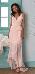 Spaghetti Straps Unique Bridesmaid Dresses, Pink Chiffon Slit Bridesmaid Dresses - RongMoon