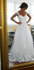 A-line Cap Sleeves Nude Back Tulle Wedding Dresses Lace Appliques
