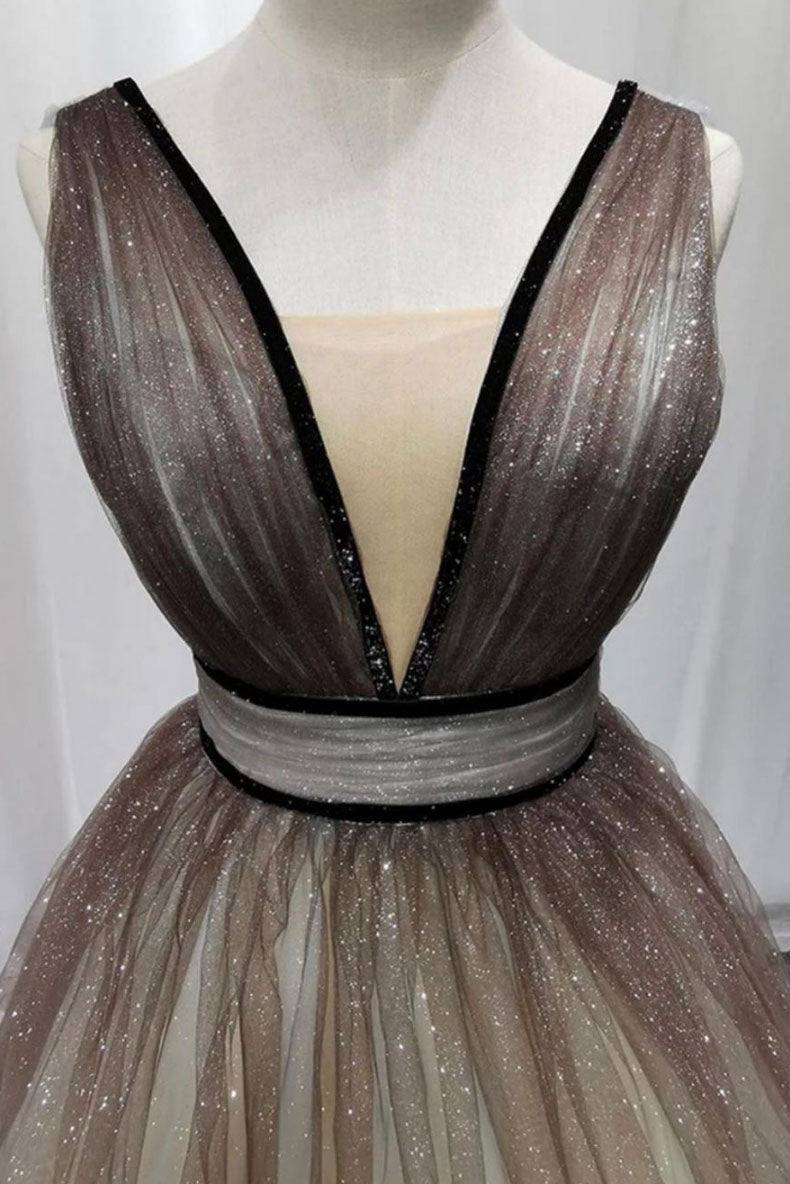 Simple Coffee tulle sequin long prom dress coffee evening dress - RongMoon
