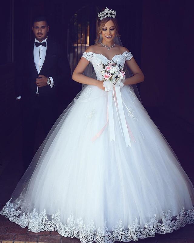 Lace Sweetheart Off Shoulder Tulle Ball Gowns Wedding Dresses 2018