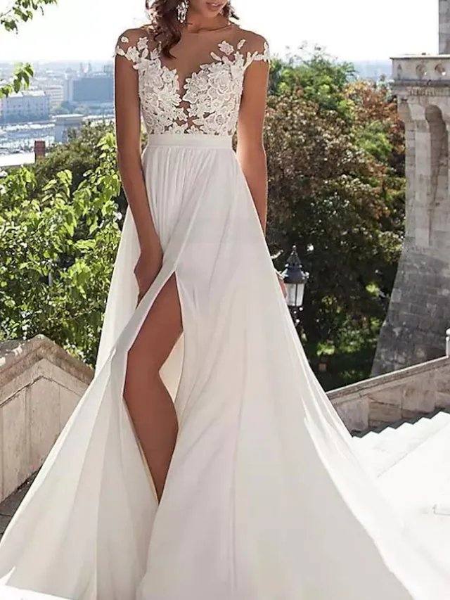 A-Line Wedding Dresses Jewel Neck Sweep / Brush Train Lace Stretch Satin Cap Sleeve Casual Beach Boho Plus Size with Draping Appliques - RongMoon