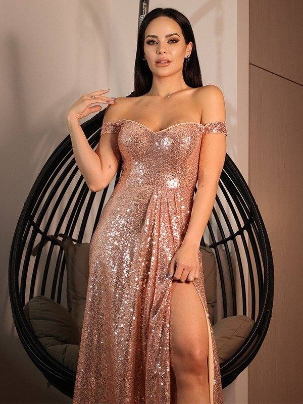 A-Line/Princess Sequins Ruffles Off-the-Shoulder Sleeveless Sweep/Brush Train Dresses - RongMoon