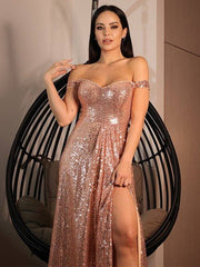 A-Line/Princess Sequins Ruffles Off-the-Shoulder Sleeveless Sweep/Brush Train Dresses - RongMoon
