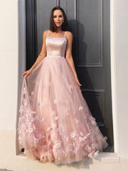 A-Line/Princess Tulle Hand-Made Flower Straps Floor-Length Sleeveless Dresses - RongMoon