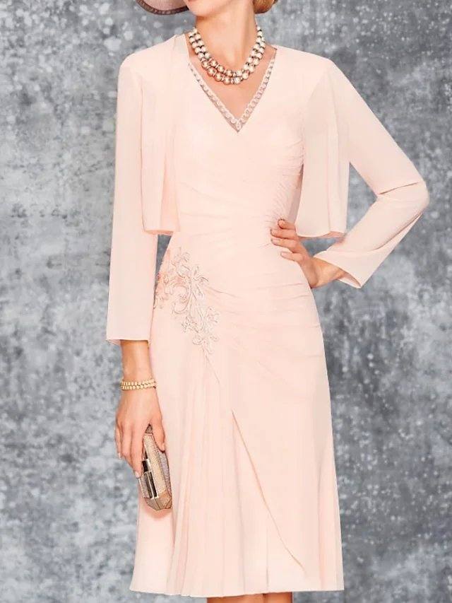 Two Piece Sheath / Column Mother of the Bride Dress Elegant V Neck Knee Length Chiffon 3/4 Length Sleeve with Pleats Embroidery - RongMoon