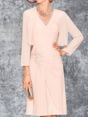 Two Piece Sheath / Column Mother of the Bride Dress Elegant V Neck Knee Length Chiffon 3/4 Length Sleeve with Pleats Embroidery - RongMoon