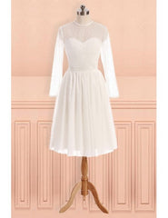 See Through Tulle Knee Length Sheer Round Long Sleeves Wedding Dress