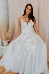 A Line Tulle Romantic V Neck Appliques Wedding Dress