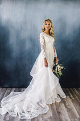 Scoop Sweep Train Lace Long Sleeve Appliques A-line Ruffles Wedding Dress