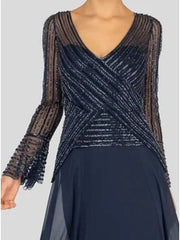 A-Line Mother of the Bride Dress Elegant V Neck Floor Length Chiffon Long Sleeve with Sequin - RongMoon