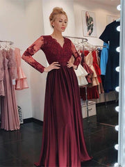 Chiffon Burgundy V Neck Long Sleeves Lace Prom Dress
