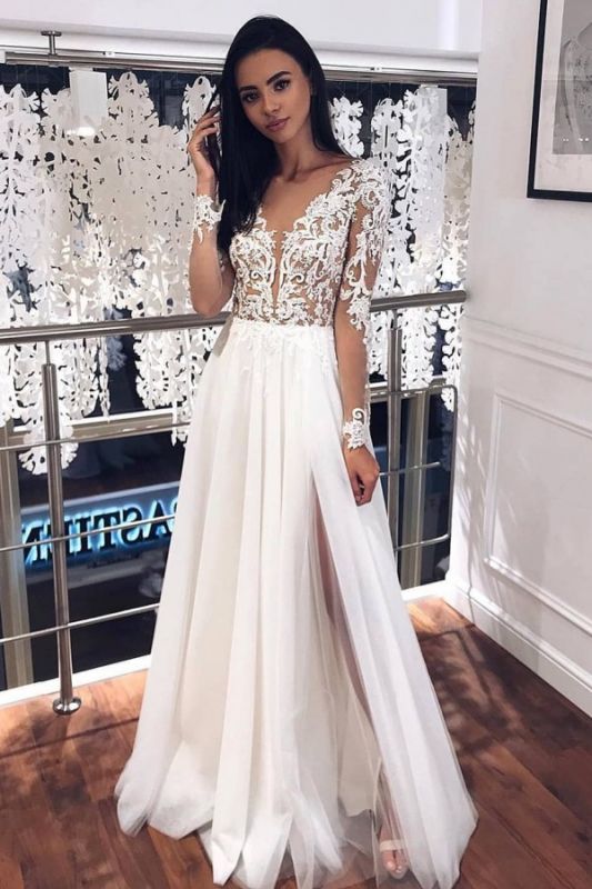 A-line V-neck Tulle Floor Length Long Sleeve Beads Appliques Wedding Dress