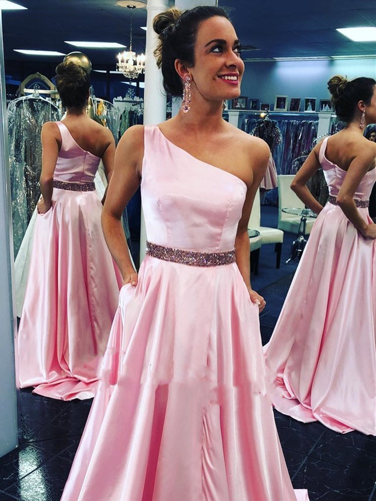 Satin Sleeveless One Shoulder Beading Sweep Train Prom Dress With Pocket