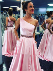 Satin Sleeveless One Shoulder Beading Sweep Train Prom Dress With Pocket