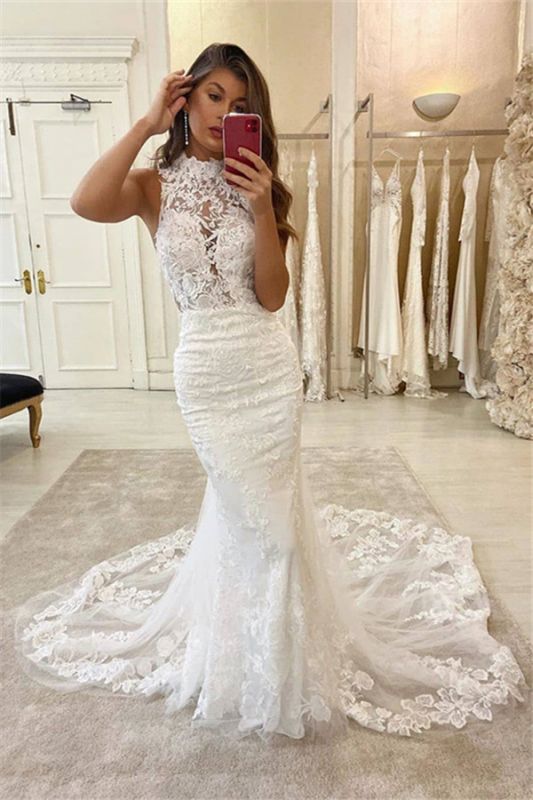 Lace Halter Appliques Sleeveless Bridal Mermaid Wedding Dress