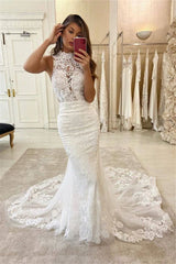 Lace Halter Appliques Sleeveless Bridal Mermaid Wedding Dress