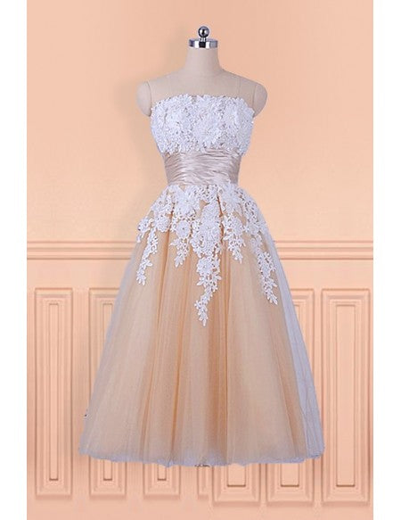 Lace Appliques Champagne Strapless Tea Length Wedding Dress
