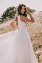 A Line Romantic Beach Boho V Neck Tulle Backless Wedding Dress