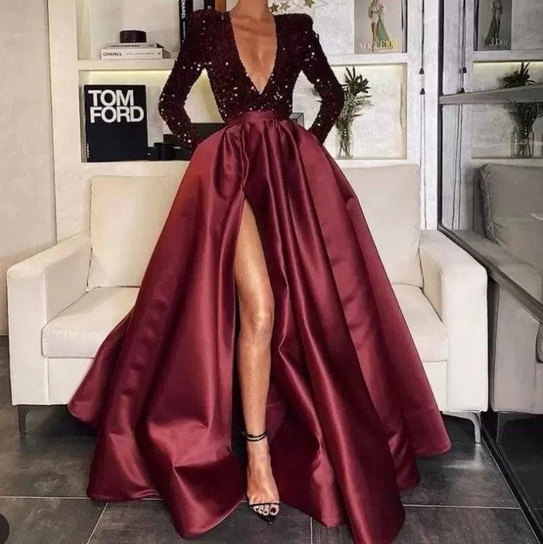 Red Evening Dresses A-line V-neck Long Sleeves Sequins Slit Long Turkey Dubai Saudi Arabic Evening Gown Prom Dresses - RongMoon