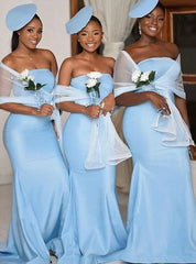 Satin Strapless Long Light Blue Mermaid Bridesmaid Dress