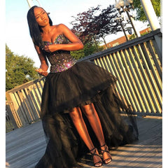 Sweetheart Hi Lo Crystal Black Beading Tulle Ball Gown Prom Dress