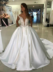 Ball Gown Satin Lace Appliques White Wedding Dress With Pocket