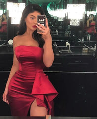 Burgundy A Line Satin Strapless Prom Dress With Side Split