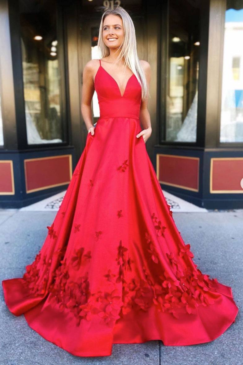 Red v neck satin long prom dress red satin long evening dress - RongMoon