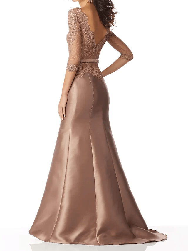 Mermaid / Trumpet Mother of the Bride Dress Elegant V Neck Sweep / Brush Train Lace Satin 3/4 Length Sleeve with Sash / Ribbon Bow(s) - RongMoon