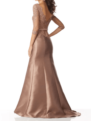 Mermaid / Trumpet Mother of the Bride Dress Elegant V Neck Sweep / Brush Train Lace Satin 3/4 Length Sleeve with Sash / Ribbon Bow(s) - RongMoon