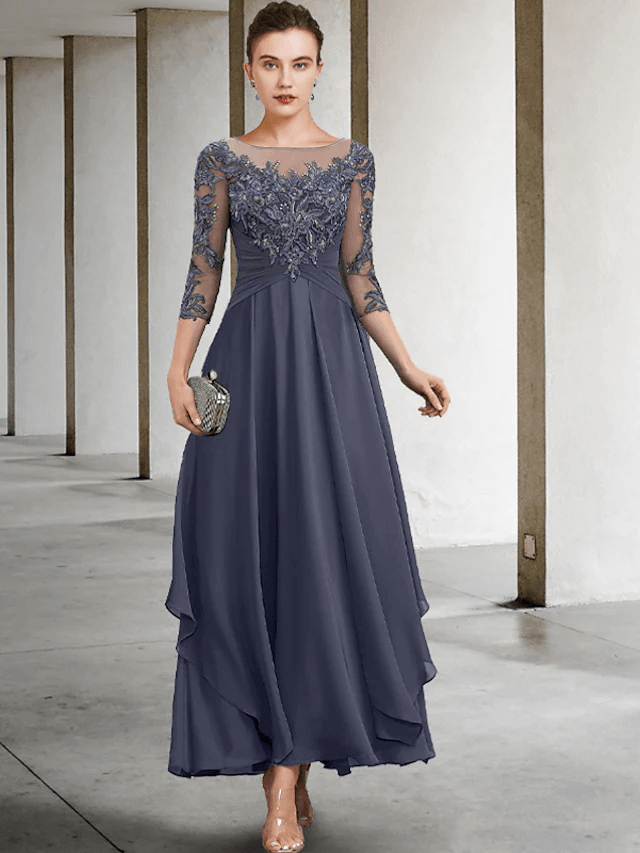 A-Line Mother of the Bride Dress Wedding Guest Plus Size Elegant Jewel Neck Ankle Length Chiffon Lace - RongMoon
