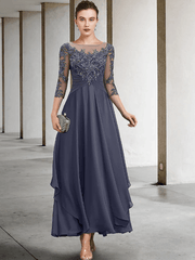 A-Line Mother of the Bride Dress Wedding Guest Plus Size Elegant Jewel Neck Ankle Length Chiffon Lace - RongMoon