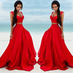 Long Cheap Sleeveless Two Piece Red Satin Sexy Prom Dress