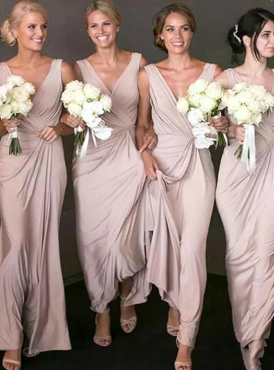 V-neck Pleats Long A-Line Pink Chiffon Bridesmaid Dress
