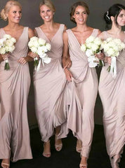 V-neck Pleats Long A-Line Pink Chiffon Bridesmaid Dress
