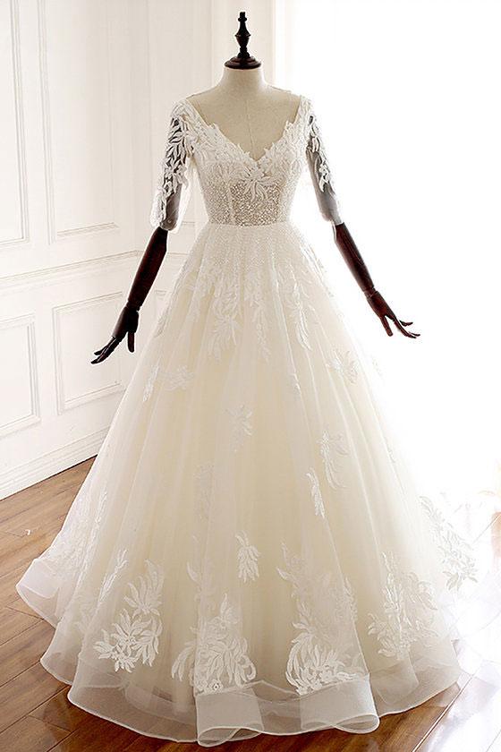 Lace Half Sleeve Long White V Neck Tulle Wedding dress