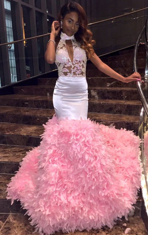 Appliques Ruffles Mermaid Pink High Neck Keyhole Prom Dresses