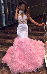 Appliques Ruffles Mermaid Pink High Neck Keyhole Prom Dresses