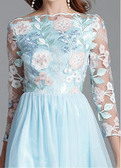 Embroidery Lace & Tulle Bateau Long Sleeve A-line Prom Dress