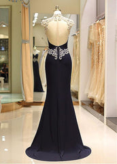 Spandex High Collar Black Sheer Back Mermaid Prom Dress