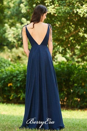 V-neck Navy Chiffon A-line Bridesmaid Dresses, Simple Bridesmaid Dresses - RongMoon