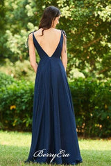 V-neck Navy Chiffon A-line Bridesmaid Dresses, Simple Bridesmaid Dresses - RongMoon