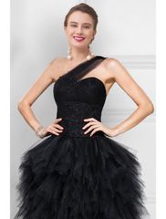 Ball Gown Prom Dresses Black Dress Masquerade Asymmetrical Sleeveless One Shoulder Tulle Ladder Back with Pure Color