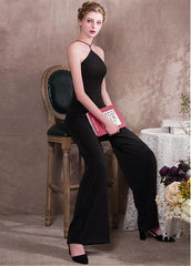 Black Jumpsuit Acetate Satin Jewel Evening Dress