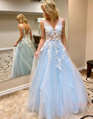 Floral V Neck Tulle See Through Pink A Line Prom Dress