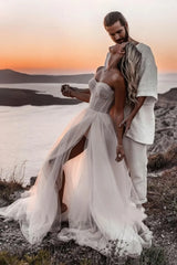 Romantic Sweetheart Tulle Bohemian Wedding Dress With Slit