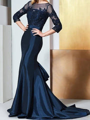 Mermaid / Trumpet Luxurious Elegant Engagement Formal Evening Dress Illusion Neck Half Sleeve Sweep / Brush Train Taffeta with Embroidery Appliques - RongMoon