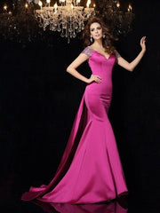 Trumpet/Mermaid Off-the-Shoulder Beading Sleeveless Long Satin Dresses - RongMoon